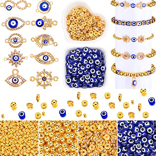 1450 Pcs Evil Eye Beads Set Eye Rhinestone Beads Kits Includes 200 Evil Eye Beads 20 Hand Evil Eye Charms 180 Rondelle Spacer Beads 800 4 mm and 250 8 mm Round Beaded for DIY Jewelry Making (Gold)