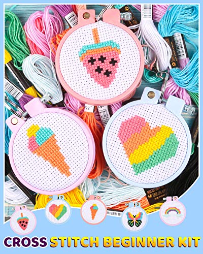 Pllieay 6 Pcs Cross Stitch Kits for Beginners for Kids 7-13, Kids Embroidery Kit Needlepoint Kit Kids Sewing Starter Kit with Instructions for Backpack Charms, Ornaments and Needle Craft