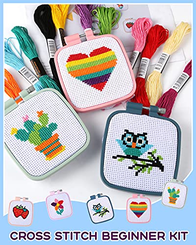 Pllieay 5PCS Cross Stitch Kits for Beginners for Kids 7-13, Includes 5 Project Patterned and 5pcs Square Embroidery Hoops, 11 Skeins, Needle Point Starter Kit Sewing Set with Instructions
