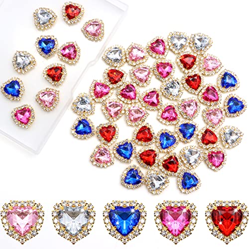 50 PCS Heart Rhinestone Buttons, ZYNERY 18mm Sewing Buttons Embellishments Decoration, 5 Colors Glass Heart Flat Back Rhinestones Nail Charms for DIY Clothing Crafting Jewelry Making (Gold Base)