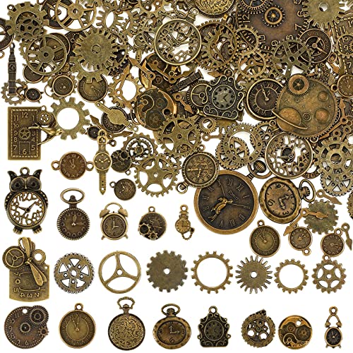 300 Gram Antique Steampunk Gear, DIY Assorted Mix Steampunk Wheel Alloy Cog Gear Pendants Charms Metal Watches Clocks Skull Charms for Crafting Jewelry Making Decor(Vintage Color,Delicate Style)