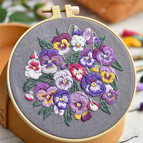 Full Range of Embroidery Kit with Pattern, Kissbuty Cross Stitch Kit Including Embroidery Fabric with Floral Pattern, Bamboo Embroidery Hoop, Color Threads and Tools Kit (Viola Cornuta Flowers)
