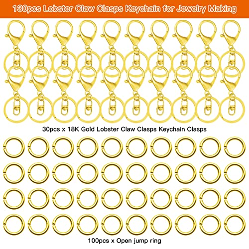 30pcs Lobster Clasp Keychain for Jewelry Making,Metal Lobster Clasp Swivel Trigger Clips with Swivel Clasps Hook Clips Flat Split Keychain Ring 100Pcs Open Jump Ring for DIY Craft(18K Gold)