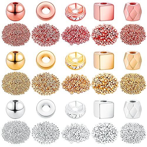 3630 Pieces Assorted Spacer Beads Faceted Rondelle Cube Beads Square Spacer Column Beads Crystal Round Jewelry Charms for Jewelry Making DIY Loose Beads, 5 Styles (Dark Gold, Silver, Red Copper)