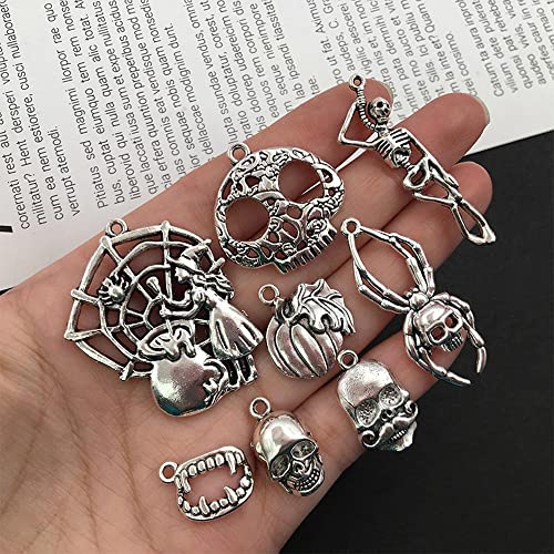 80pcs Antique Silver Halloween Charms for Jewelry Making Pumpkin Ghost Wizard Hat Bat Skull Skeleton Halloween Charms for DIY Necklace Bracelet Earring Jewelry Making (M722)