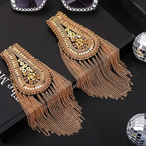 4 Pieces Metal Tassel Link Chain Epaulet Beaded Crystal Shoulder Boards Badge Punk Rivet Shoulder Jewelry Epaulettes Shoulder with Pins for Men and Women Uniform Accessories (Stylish Style, Gold)