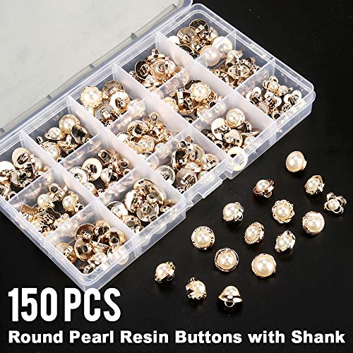 150 Piece Assorted Pearl Buttons with Shank Cover Up, 15 Types Resin White Pearl Shank Button for Crafts, Clothes, Wedding Dress, Storage Box Included