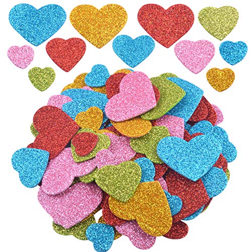 Self-Adhesive Foam Glitter Stickers, 200 Pieces Colorful Heart Shape EVA Foam Stickers DIY for Kid's Arts Craft & Home Decoration (Assorted Size)