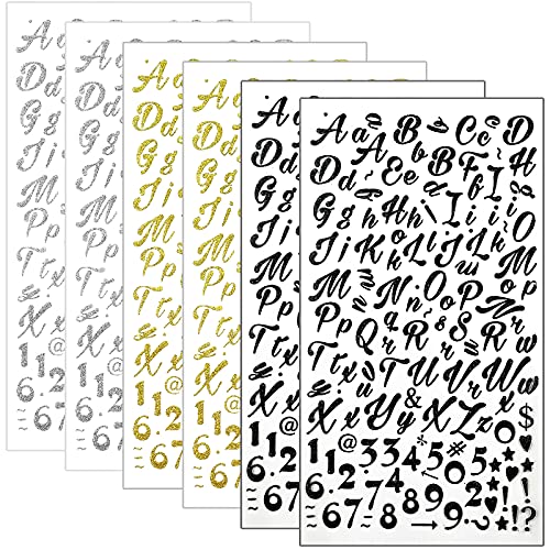 810pcs Glitter Cursive Alphabet Letter and Number Stickers Self Adhesive Script Alphabet Letter Stickers for Scrapbooking Grad Cap Decoration and DIY Crafts Making Supplies (Black, Silver, Gold)