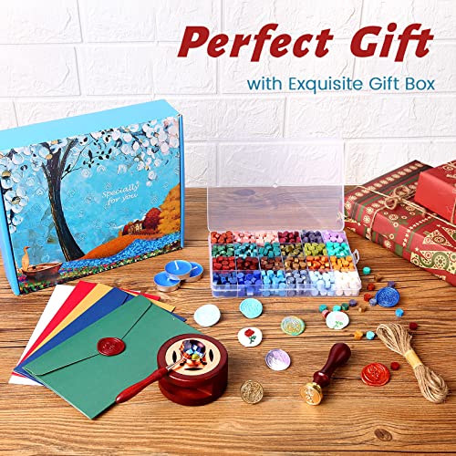 Comealltime Wax Seal Kit with Gift Box, 624 Pcs Wax Seal Beads with 2 Pcs Wax Seal Stamps, Sealing Wax Warmer, Wax Seal Metallic Pen, Envelope, Candles, Wax Seal Stamp Kit for Gift and Craft