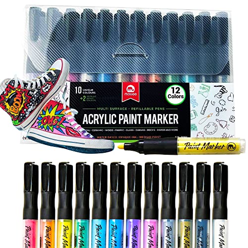 MATTKANE 12 Pack Acrylic Paint Markers Shoes Glass Acrylic Paint Pens 0.7mm Extra-fine Acrylic Paints Colors for Drawing DIY, Metal, Glass, Wood, Stone, Plastic, Paper, Paint for Shoes, Clothes Acrylic Markers