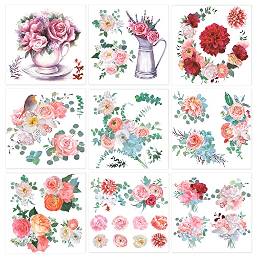 WILLBOND 9 Sheets Rose Rub on Transfer Decals Rustic Rose Flower Rub on Furniture Floral Rub on Transfer Decal Sticker for Craft Furniture Paper Wood Decor, 5.5 x 5.7 Inches (Rose)
