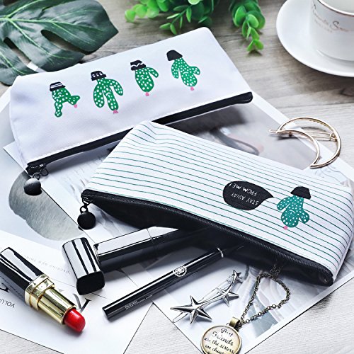 TecUnite 8 Pieces Pen Case Pencil Bag Canvas Pencil Pen Case Pen Holder Cosmetic Makeup Bag Set (Cactus Style)