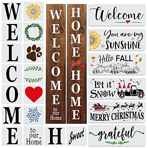 22PCS Large Letter Welcome Stencils for Painting On Wood Reusable - Vertical Welcome and Home Sweet Home Stencils, Seasonal Stencils - Farmhouse Stencils and Templates for Signs, Crafts, Art
