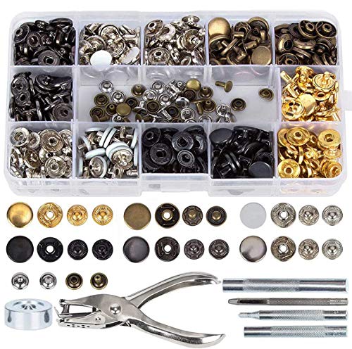 140 Set Snap Fasteners Kit, Metal Button Snaps Press Studs with Punch Pliers and 5 Setter Tools, 6 Color Clothing Snaps Kit, Leather Snaps for Clothes, Jackets, Jeans Wears, Leather, Bracelets, Bags