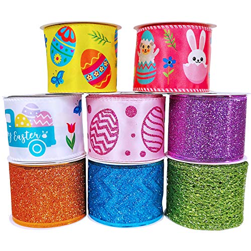 8 Rolls 48 Yards Assorted Easter Decorative Wired Ribbons Easter Egg Trunk Bunny Chick Satin Ribbons Sheer Glitter Tulle Organza Ribbons 2.5" W for Easter Wreath Gift Wrapping Bow Decoration