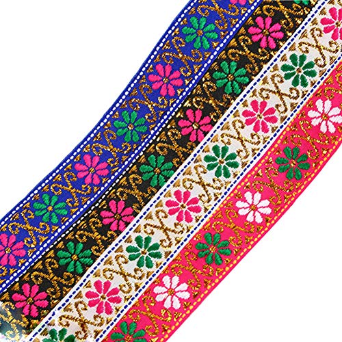 7 Yard 7/8" Daisy Floral Embroidered Jacquard Ribbon Metallic Vintage Woven Trim Fabric Tapestry for Embellishment Craft Home Decor (Black)