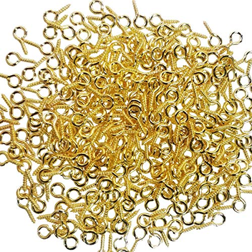 300PCS Small Screw Eye Pins,10 x 5mm Eye pins Hooks,Mini Screw Eye Pin Peg for Arts & Crafts Projects,Self Tapping Screws Hooks Ring for Cork Top Bottles & Charm Bead & DIY Jewelry Making (Gold)