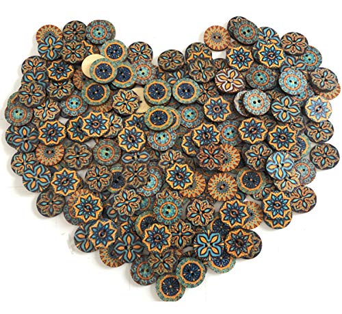 200Pcs Wood Buttons for Crafts, 20mm Mixed Pattern Wooden Buttons Round Flower Button