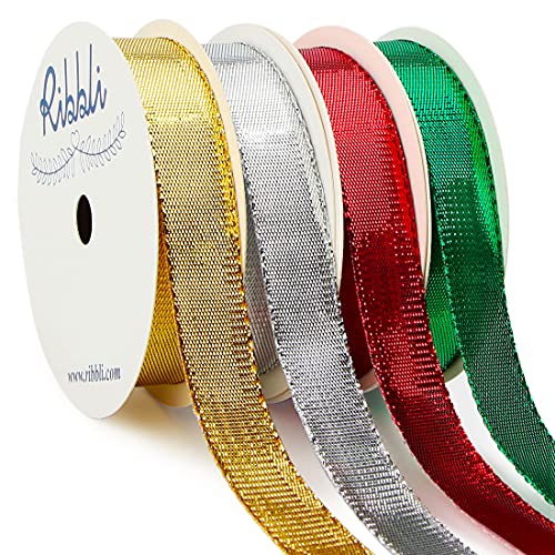 Ribbli Christmas 4 Rolls Metallic Glitter Ribbon, 5/8 Inch Total 40 Yards, Christmas Ribbon Use for Christmas Gift Wrapping, Christmas Craft and Decoration, Gold/Silver/Red/Green