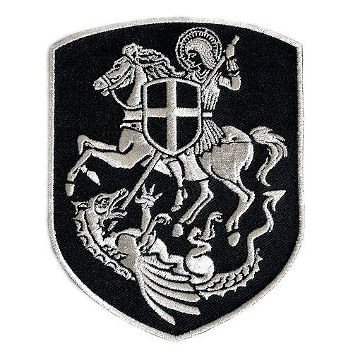 VEGASBEE St. George Saint Patch Mounted Slaying Dragon Saint George Cross Shield Christian Embroidered Iron-On Patch Emblem Silver Metallic Medium Size 4.5" by 3.5" inches USA