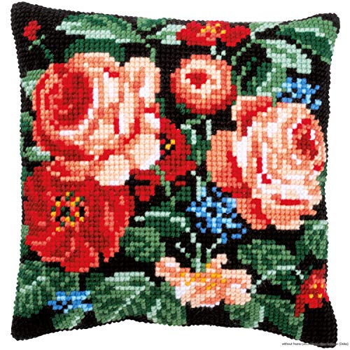 Vervaco Cross Stitch Embroidery Kits Pillow Front for Self-Embroidery with Embroidery Pattern on 100% Cotton and Embroidery Thread, 15,75 x 15,75 Inches - 40 x 40 cm, Roses