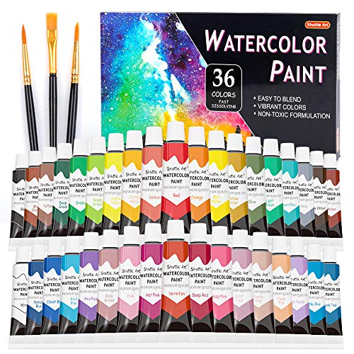 Watercolor Paint Set, Shuttle Art 36 Colors Watercolor Paint in Tubes (12ml Each) with 3 Brushes, Rich Pigment, Easy to Blend, Perfect for Kids, Artists, Beginners, Students