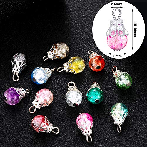 100 Pieces Assorted Colors Crystal Dangle Charms Pendants Crackle Glass Drop Beads Handmade Dangle Bead Charms with Silver Bead Cap for Jewelry Making Necklace Earring Accessory