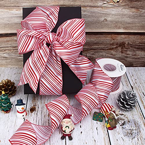 Ribbli Candy Cane Ribbon Red and White Stripe Wired Satin,2-1/2 Inch x Continuous 10 Yard,Peppermint Stripe Christmas Ribbon for Big Bow, Wreath,Tree Decoration, Outdoor Decoration