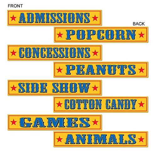 Beistle 4 Piece Circus Theme Sign Cut Outs for Birthday Party Decor, 4" x 24", Yellow/Blue/Red