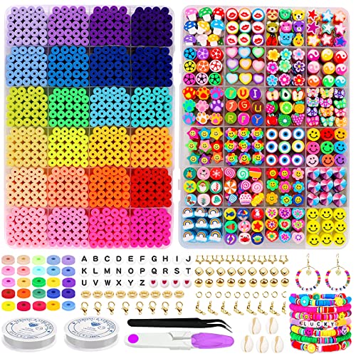 JOICEE 2 Boxes Clay Beads for Bracelets Making, Fruit Flower Smiley Polymer Clay Beads Charms with 24 Colors Flat Round Heishi Spacer Beads Kit for DIY Craft Necklace Jewelry Gift for Women Girls