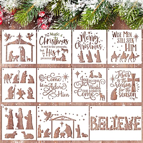 11 Pcs Christmas Stencils Reusable Nativity of Jesus Stencils Religious Three Wise Men Stencils with Metal Open Ring for Painting on The Wood Fabric Wall Crafts Home Decoration (6 x 6 in)