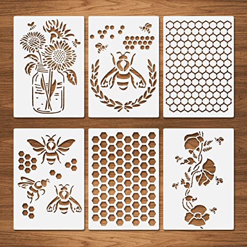 Bee Honeycomb Stencils, 6 Pcs Honeycomb Hexagon Sunflower Flowers Bee Drawing Stencils for Painting on Wood Fabric Wall Furniture Card Making Home Decor Reusable A4 Size 8.3"x11.7"