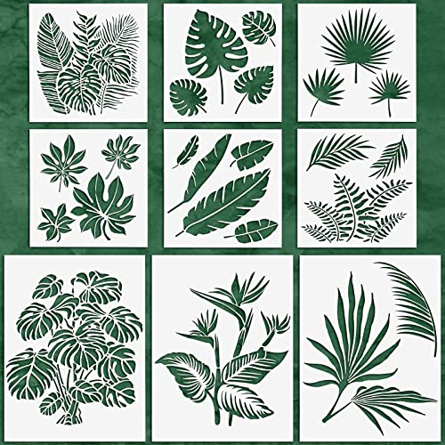 9 Pieces Reusable Painting Stencil Tropical Stencil Plastic Paint Stencils Summer Pattern Drawing Templates Stencils Reusable Craft Stencils for Painting (Leaves,9.8 x 9.8 Inches, 13.8 x 10.2 Inches)