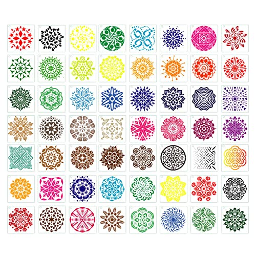 56 Pieces (3.6x3.6 inches) Painting Supplies Mandala Stencil Mandala Template Rangoli Stencils Mandala Stippling Tool Set, Suitable for Art Project Rock Wood Wall Painting Kit