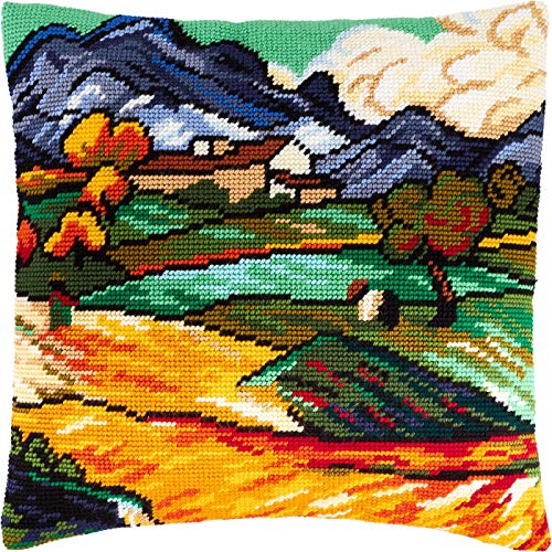 Brvsk Mount Gaussier and Farm Saint Paul by Vincent Van Gogh. Needlepoint Kit. Throw Pillow 16×16 Inches. Printed Tapestry Canvas, European Quality