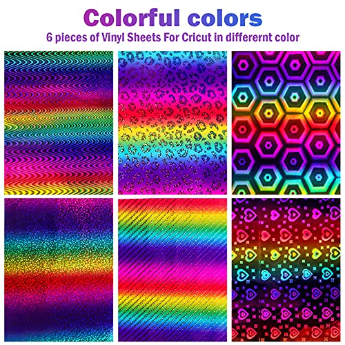 Holographic Rainbow Adhesive Vinyl Roll 6 Sheets 12" x 10" Metallic Glitter Permanent Craft Vinyl Sheets Strips Adhesive Printed Vinyl for DIY Gifts Signs Crafts Easy to Cut & Weed