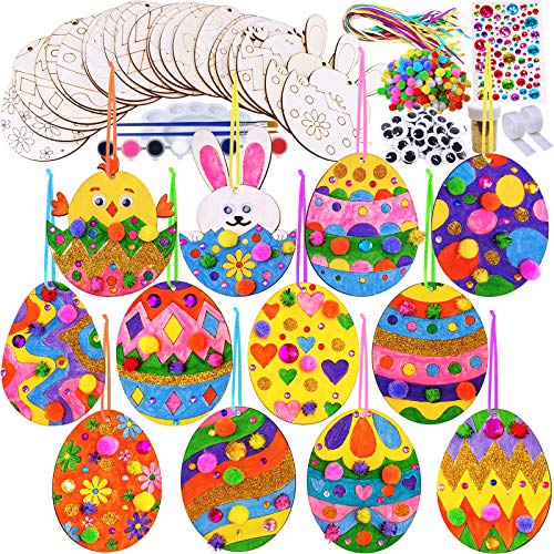 36 Sets Wooden Easter Ornaments Decorations DIY Easter Craft Kits Assorted Paintable Unfinished Wood Easter Egg Bunny Chick Ornaments for Kids Party Favors Easter Classroom Home Activity Art Project