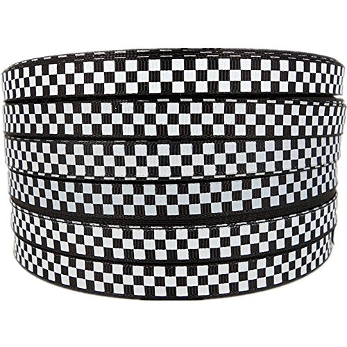 Black Grosgrain Ribbon White Checkered Printed, 3/8 Inch 25 Yards