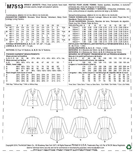McCall's Patterns M7513 E5 Misses' Notch-Collar, Peplum Jackets, Size 14-22 (7513)