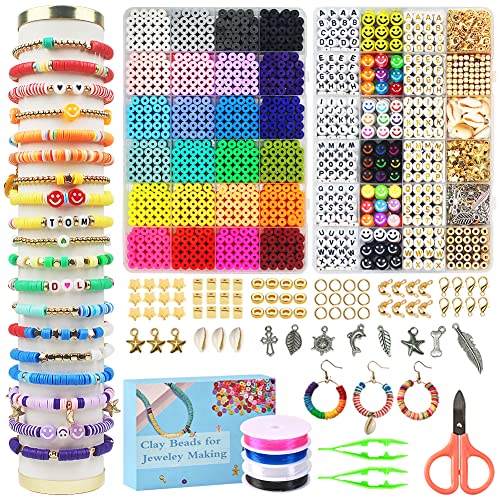 7200 Clay Beads Bracelet Making Kit,24 Colors Spacer Flat Beads for Jewelry Making ,Polymer Heishi Beads with Charms and Elastic Strings,Crafts Gifts Set for Girls(2 Box)