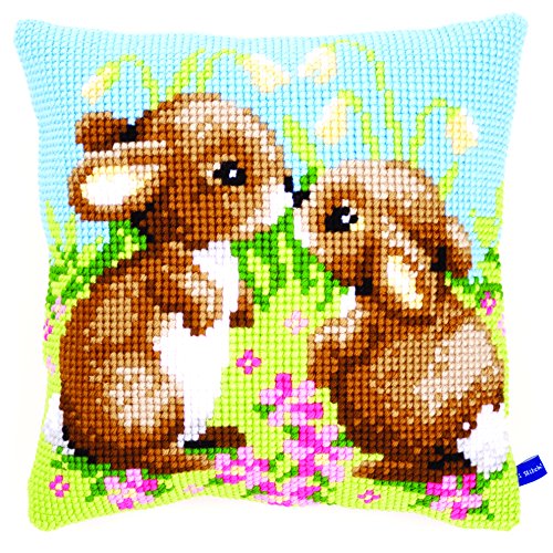 Vervaco Cross Stitch Embroidery Kits Pillow Front for Self-Embroidery with Embroidery Pattern on 100% Cotton and Embroidery Thread, 15,75 x 15,75 Inches - 40 x 40 cm, Little Rabbits