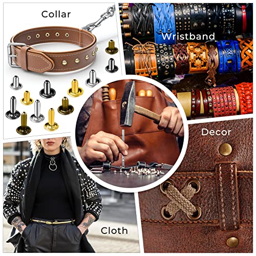 420 Sets Leather Rivets Kit, Double Cap Brass Rivets Leather Studs with 3PCS Setting Tools for Leather Repair and Crafts, 4 Colors and 3 Sizes