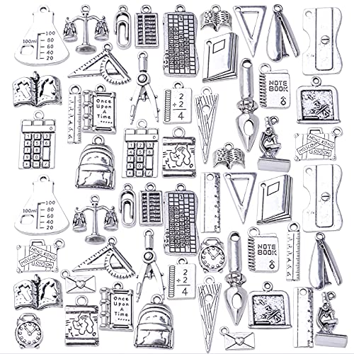56pcs Mixed Styles School Theme Charms Tibetan Alloy Teacher Pendants Ruler Pen Books Calculator Compass Charms for DIY Bracelet Necklace Crafts Jewelry Making, Antique Silver