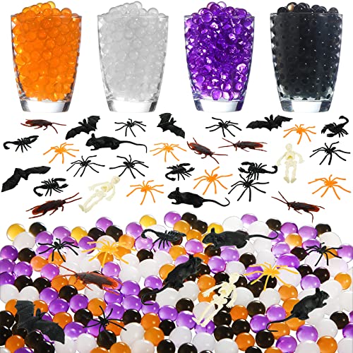 2400 Pieces Water Growing Colorful Beads for Kids, and 48 Pieces Halloween Plastic Toys Spider Bats, Water Growing Colorful Beads Mini Water Gel Balls for Halloween Holidays Party Gifts