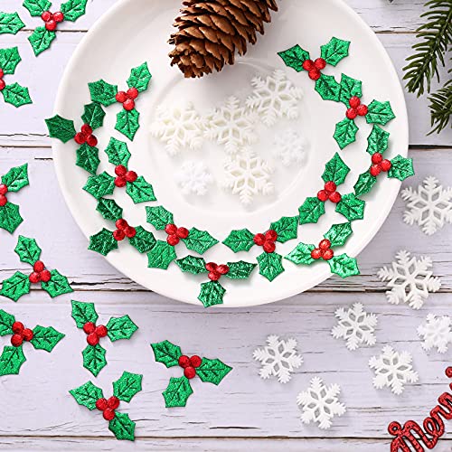50 Pieces Tiny Resin Snowflake Decorations 100 Pieces Holly Leaves and Berries Charms, Snow Shaped Ornaments Confetti Fabric Embellishment for Christmas Tree (White, Green)