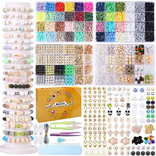 BOZUAN 4 Boxes 13000PCS Polymer Clay Beads for Bracelet Making Kit for Teen Girls Ages 8-12, Jewelry Making Kit with White Turquoise, Volcanic Stones, Obsidian, Crystal Stones and So On