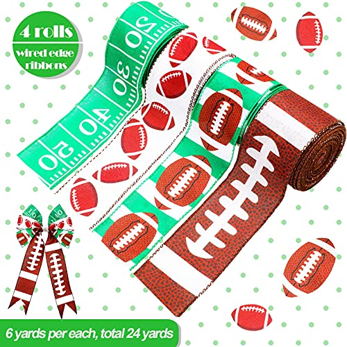 4 Rolls Football Wired Ribbon 2.5 Inches x 24 Yards Wide Sport Ball Craft Ribbon Green Brown Football Ribbon Rolls for DIY Wreaths Wrapping Sport Team Party Decoration and Crafting