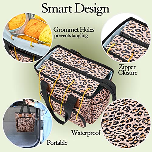 VICARKO Yarn Storage Tote, Knitting Bag, with Inner Dividers, Pockets for Crochet Hooks & Needles, 4 Grommet Holes, Project Storage, Zipper Closure Cover, Shoulder Bags, Animal Print