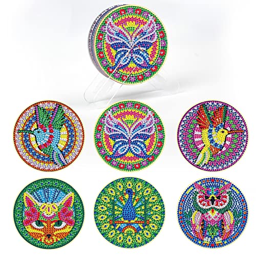 6pcs Diamond Painting Coasters with Stand, 5D DIY Round Rhinestone Ceramic Cork Coasters, Art Craft Supplies for Beginners, Adults and Kids